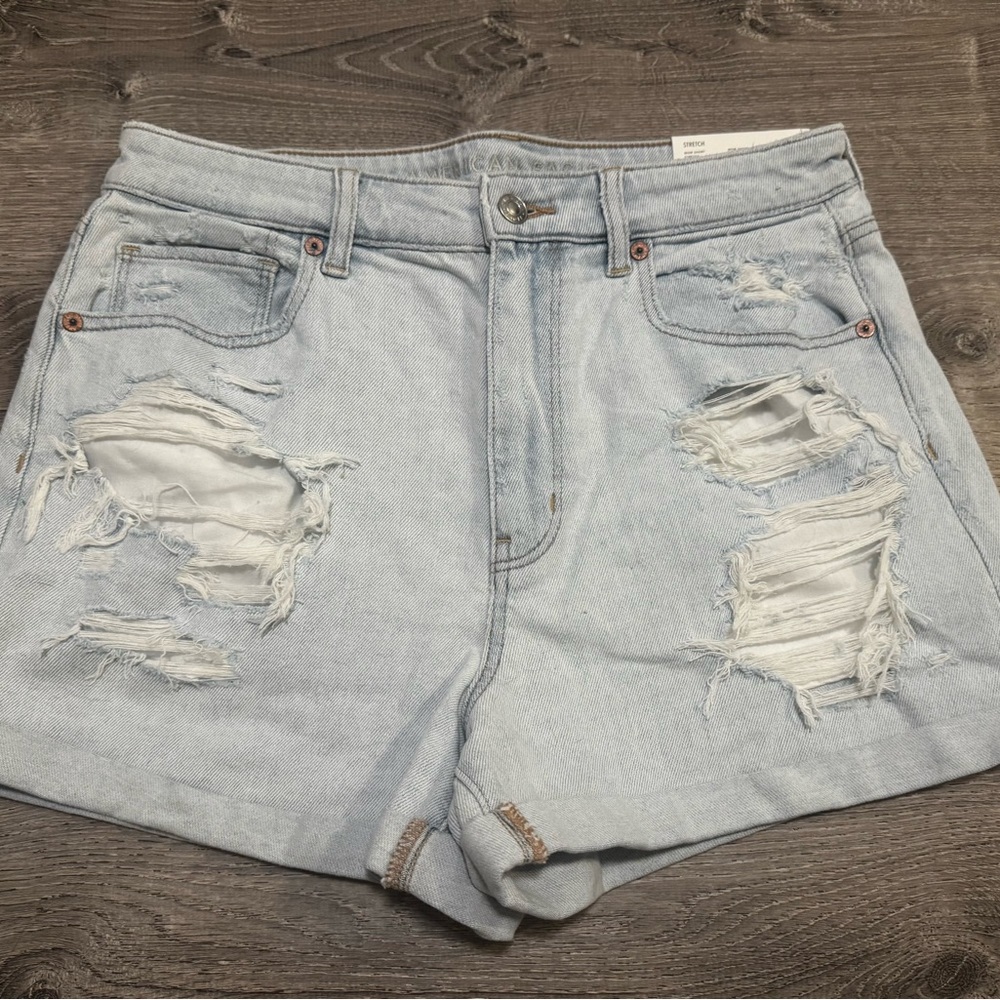 American Eagle Outfitters Blue Jean Shorts with Distressing and High-Waisted Fit